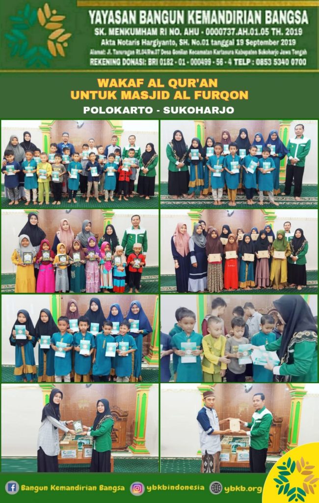 YBKB Indonesia, Yayasan Bangun Kemandirian Bangsa Sukoharjo, wakaf al-qur'an, wakaf sumur bor, wakaf lahan